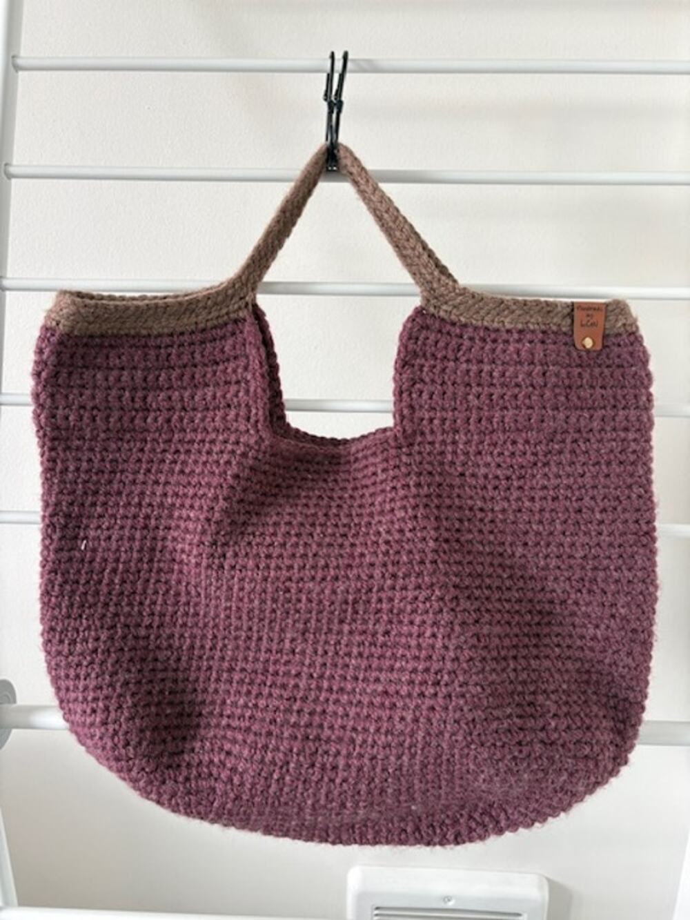 Chunky Crochet Tote Bag Lg Slouchy Handmade Boho Grandma Chic Plum Taupe Wool